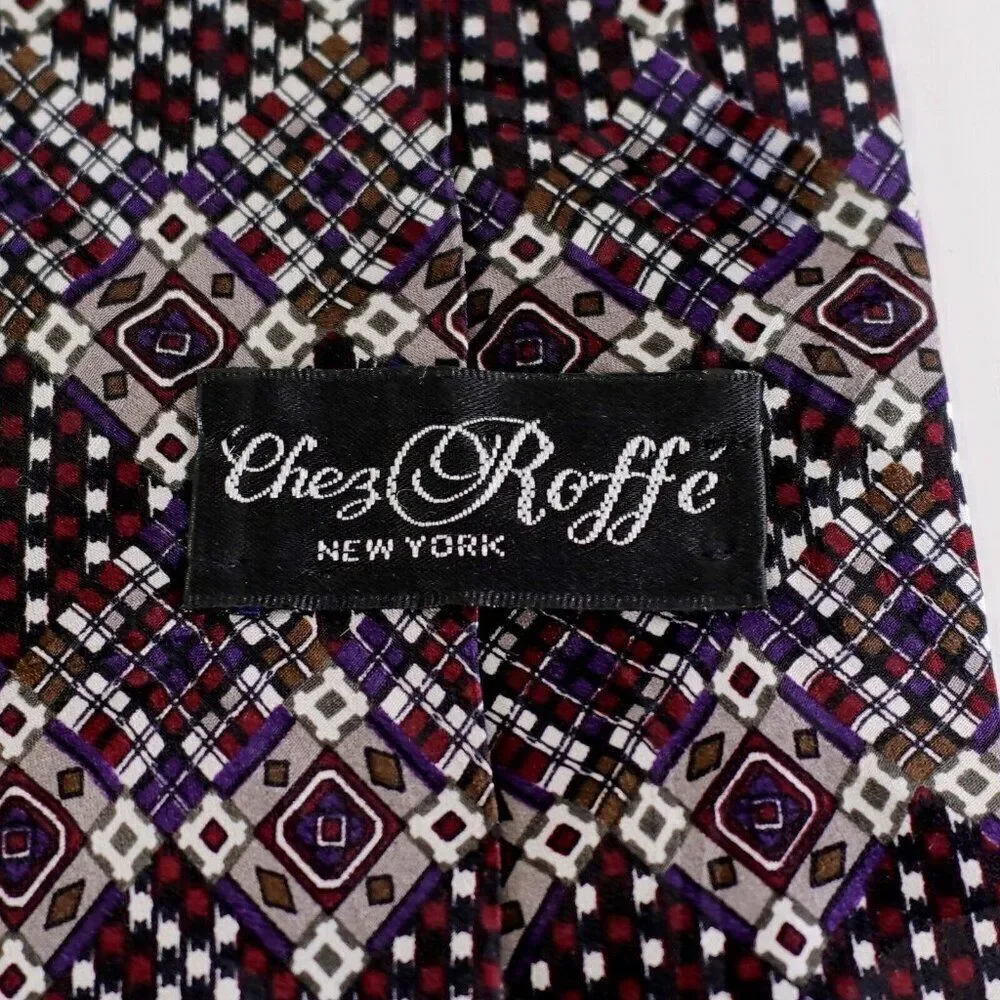 Chez Roffe New York Red Beige‎ Abstract Geometric Print Wide Silk Tie